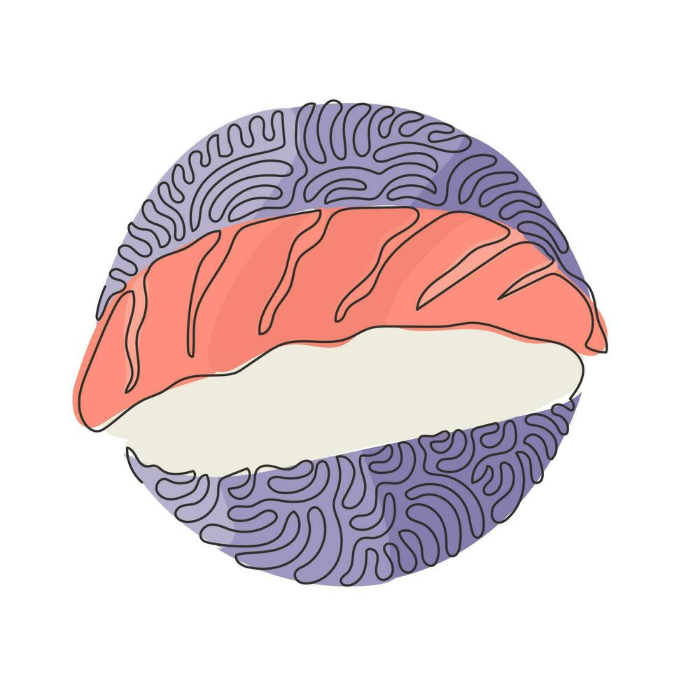 une seule ligne continue dessinant des sushis japonais traditionnels, du thon cru ou une boule de riz maguro. menu au restaurant japonais. style de fond de cercle de curl tourbillonnant. dynamique une ligne dessiner vecteur de conception graphique