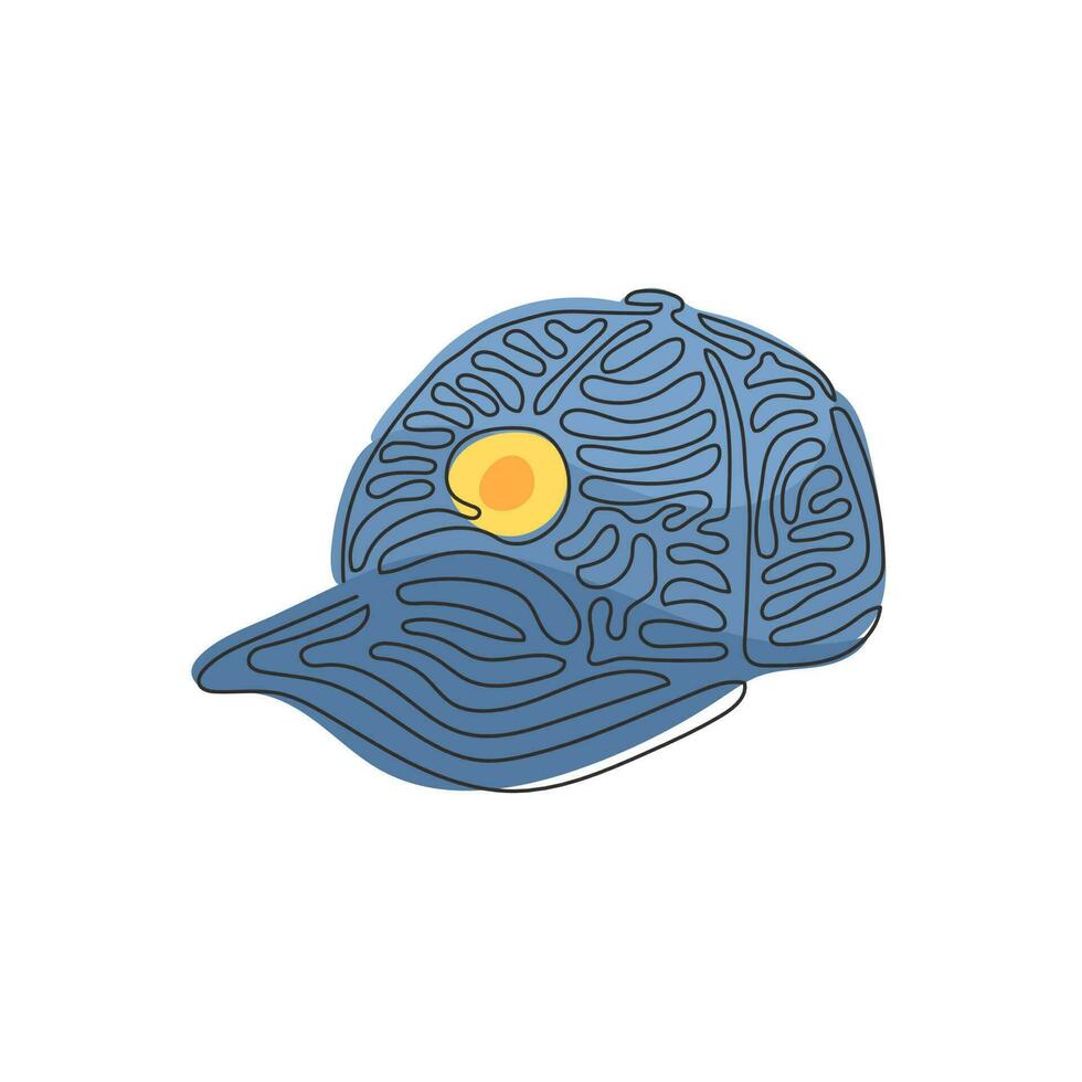 une ligne continue dessinant une casquette de baseball noire comme symbole sportif. Baseball de sport de plein air unisexe, golf, tennis, chapeau de casquette uniforme. style de boucle de tourbillon. illustration graphique vectorielle de conception de dessin à une seule ligne vecteur