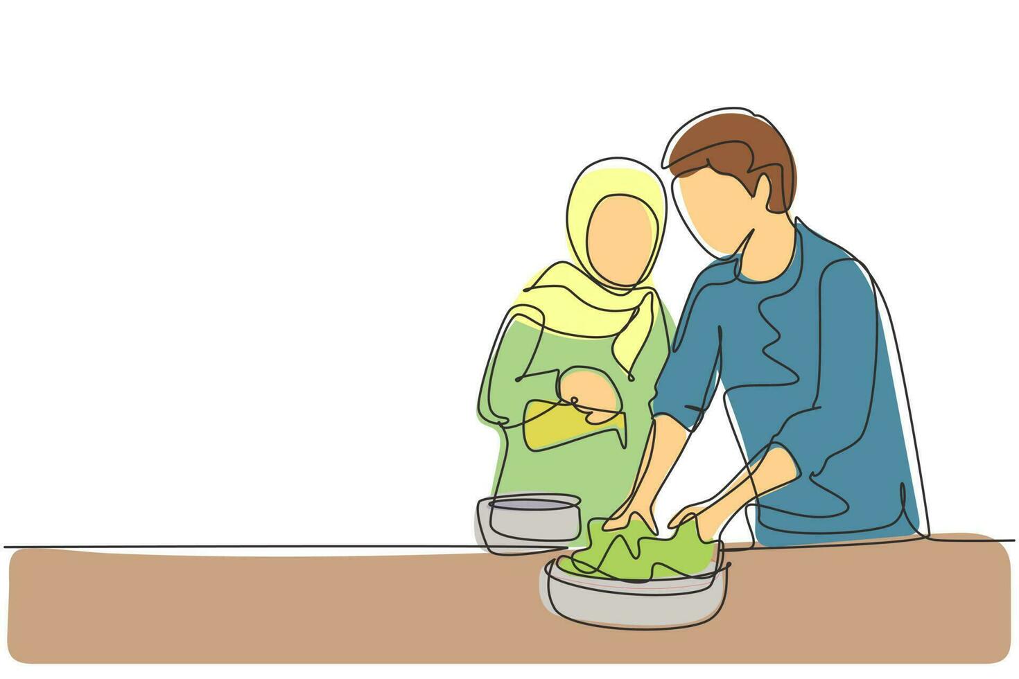 dessin continu d'une ligne belle femme arabe aidant son mari à faire de la pâte en ajoutant de l'huile d'olive. préparation de pâtisseries dans une cuisine confortable à la maison. illustration graphique de vecteur de conception de dessin à une seule ligne