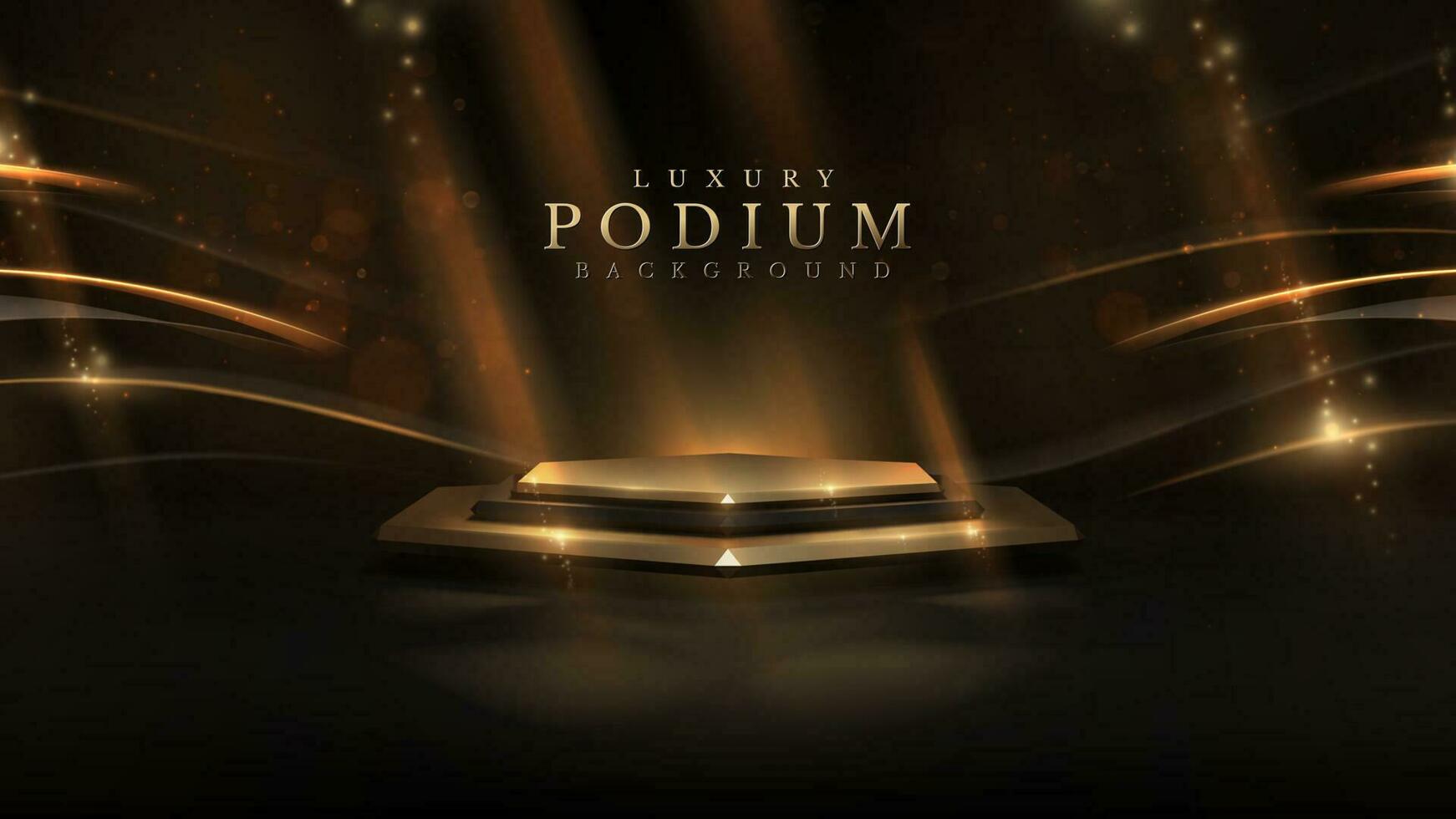 produit afficher podium avec d'or courbe ligne décoration et or lumière effet éléments et étoile avec bokeh. noir luxe style Contexte. vecteur