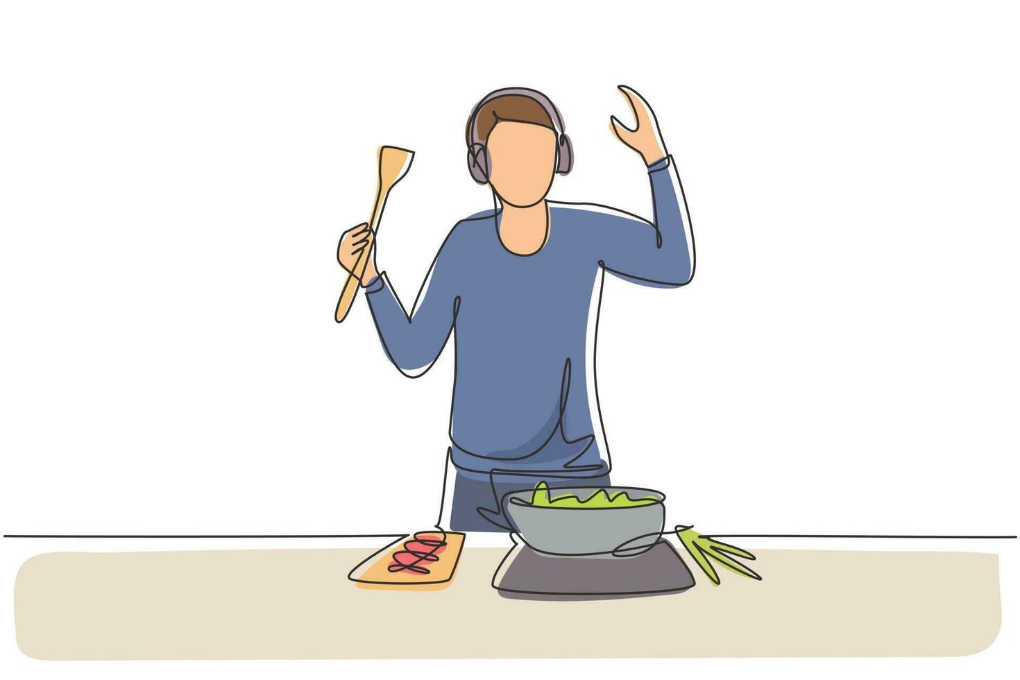 un seul dessin au trait jeune homme cuisinant et écoutant de la musique dans la cuisine. illustration de nourriture saine. concept de mode de vie sain. cuisiner à la maison. préparer la nourriture. graphique de conception de dessin en ligne continue vecteur