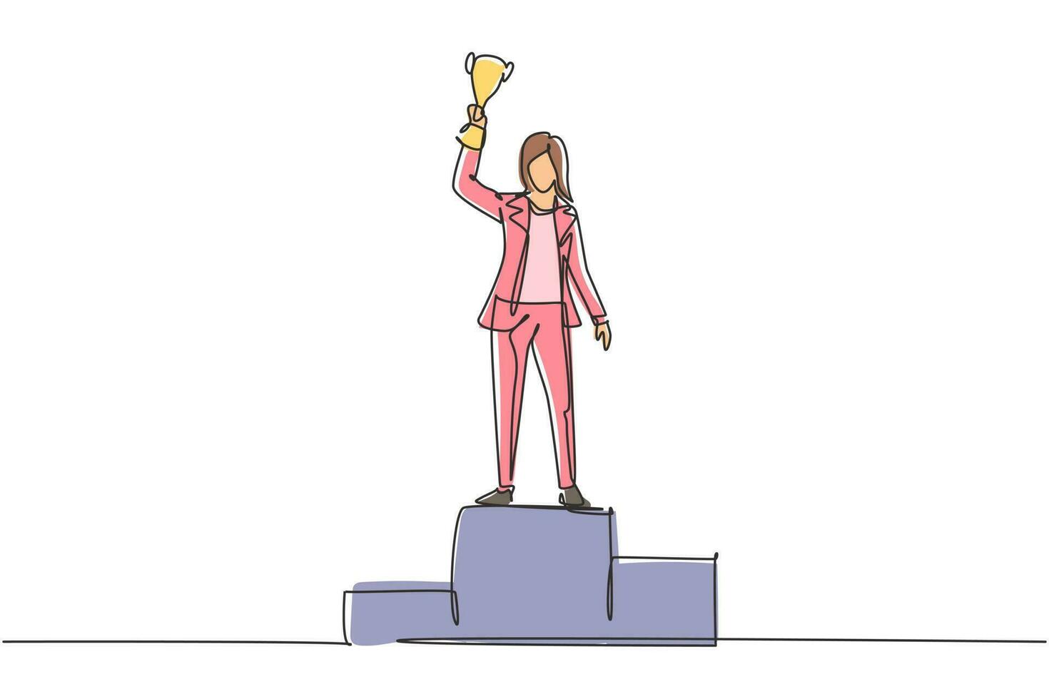 dessin au trait continu unique jeune femme d'affaires portant un blazer soulevant le trophée d'or d'une main sur le podium. célébrer la performance de l'entreprise. une ligne dessiner illustration vectorielle de conception graphique vecteur