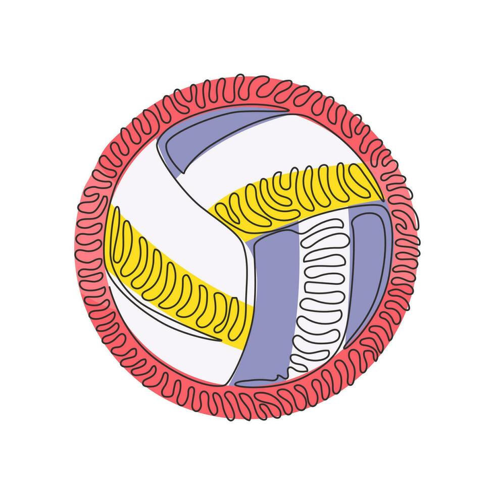 volley-ball en cuir dessinant une seule ligne. tournoi de compétition de jeu d'activité sportive de balle de volley-ball. style de fond de cercle de curl tourbillonnant. illustration vectorielle graphique de conception de dessin en ligne continue vecteur