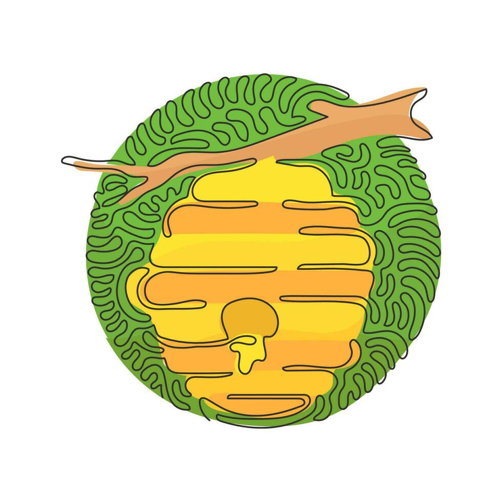 une seule ligne dessinant une ruche de miel accrochée à une branche d'arbre avec une goutte de miel. maison des abeilles. source de miel. style de fond de cercle de curl tourbillonnant. illustration vectorielle graphique de conception de dessin en ligne continue vecteur