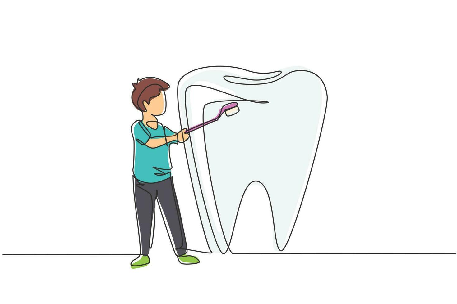 garçon de dessin continu d'une ligne se brossant des dents géantes avec une brosse à dents. symbole clinique dentaire, hôpital dentaire et centre de soins bucco-dentaires. soins des dents. illustration graphique de vecteur de conception de dessin à une seule ligne