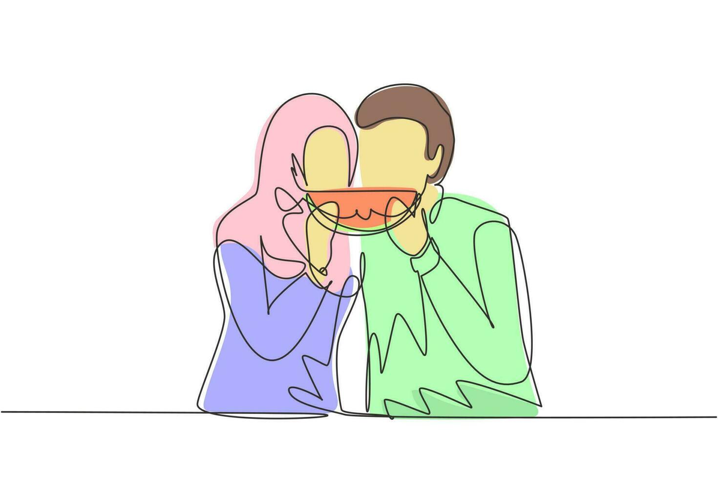 dessin continu d'une ligne jeune couple arabe partageant la pastèque. célébrez les anniversaires de mariage et savourez un déjeuner romantique dans un restaurant moderne. illustration graphique de vecteur de conception de dessin à une seule ligne