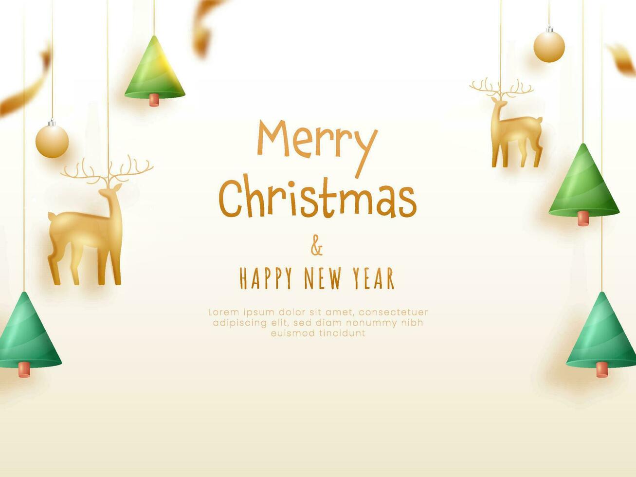 d'or joyeux Noël et content Nouveau année texte avec 3d renne, Noël arbre, babioles pendre décoré Contexte. vecteur
