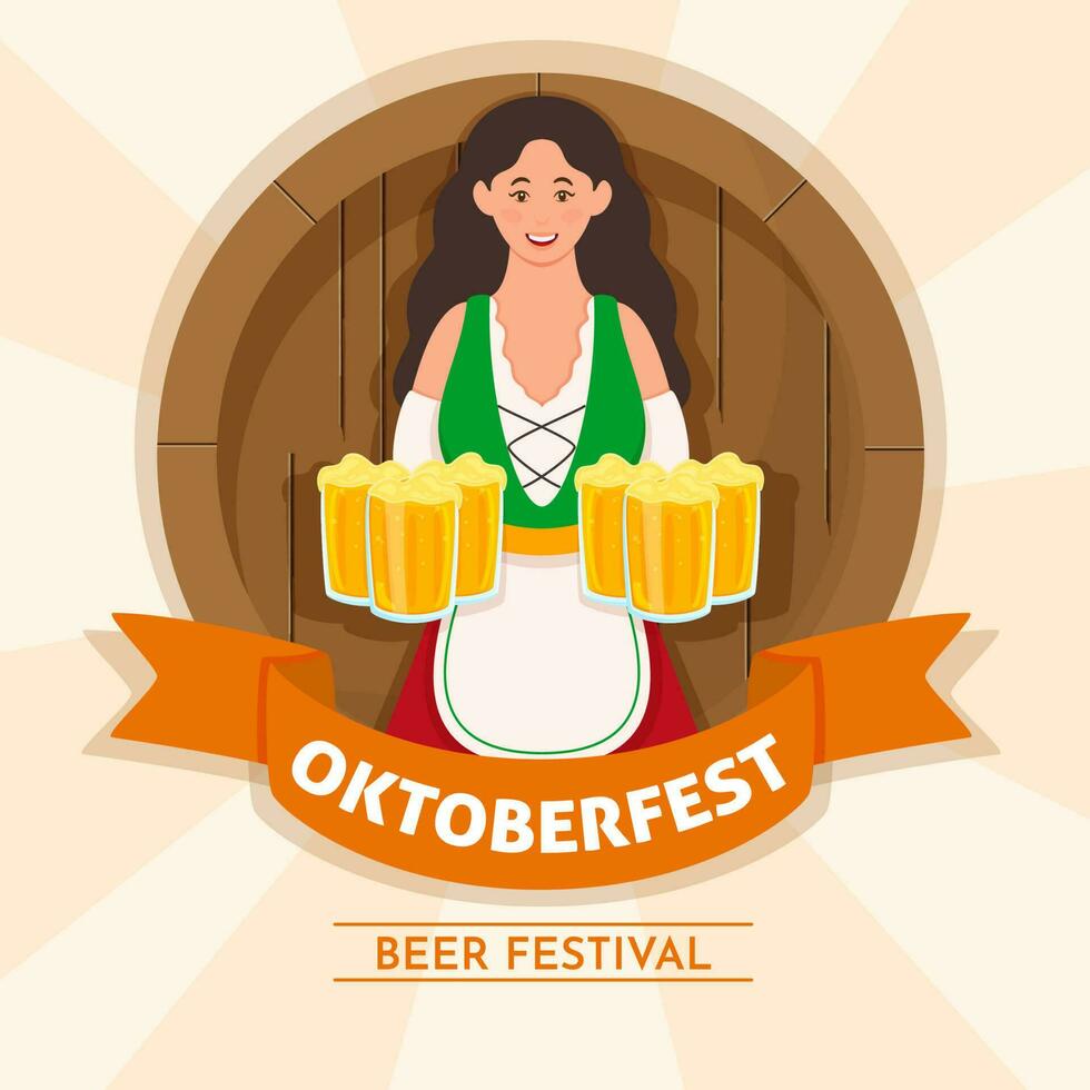 oktoberfest Bière Festival affiche conception avec Allemagne Jeune femme en portant boisson des tasses sur en bois et pêche des rayons Contexte. vecteur