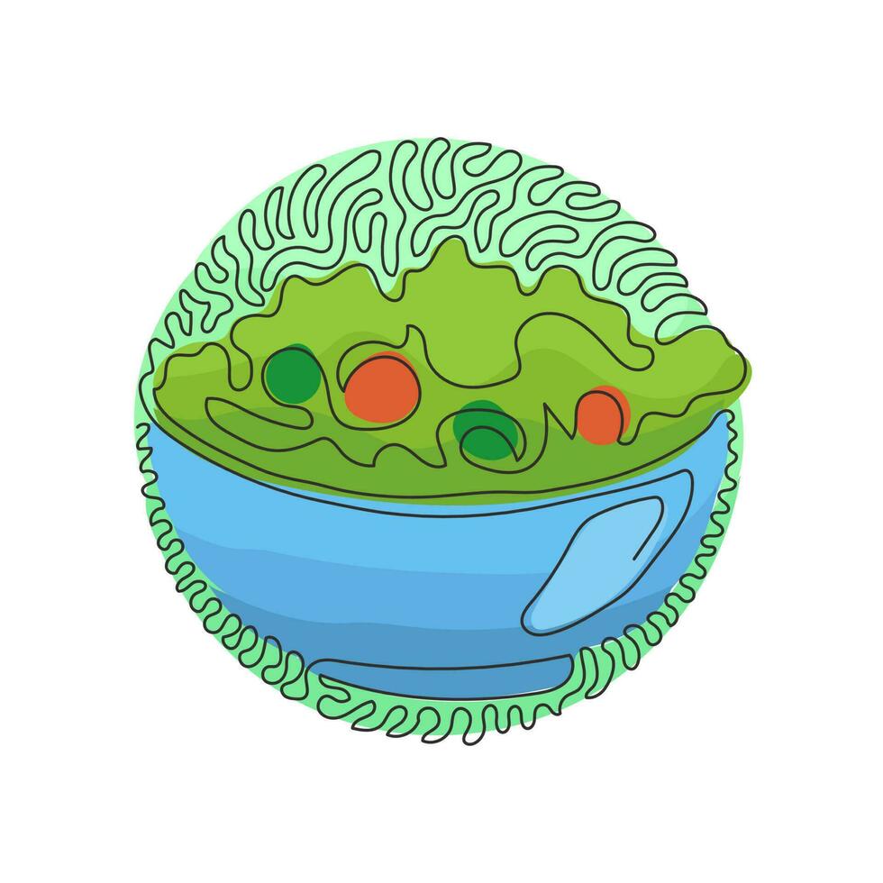 une seule ligne continue dessinant une salade verte de légumes frais dans un saladier. apéritif sain pour le corps humain. style de fond de cercle de curl tourbillonnant. une ligne dessiner illustration vectorielle de conception graphique vecteur