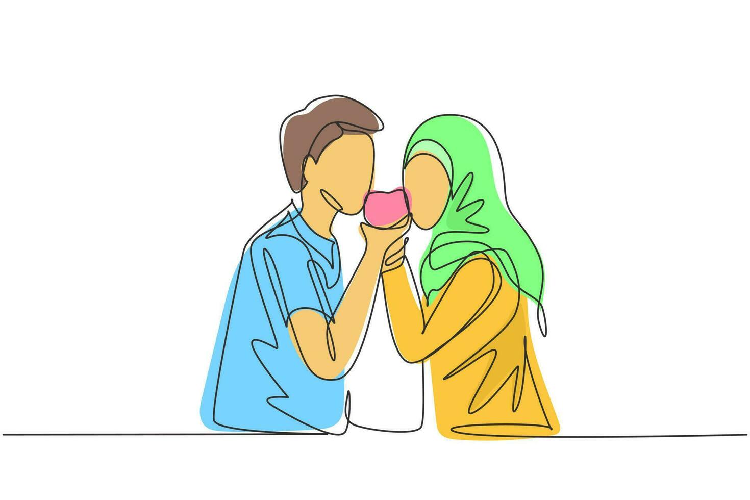 dessin continu d'une ligne jeune couple arabe partageant une pomme. célébrez les anniversaires de mariage et savourez un déjeuner romantique dans un restaurant moderne. illustration graphique de vecteur de conception de dessin à une seule ligne