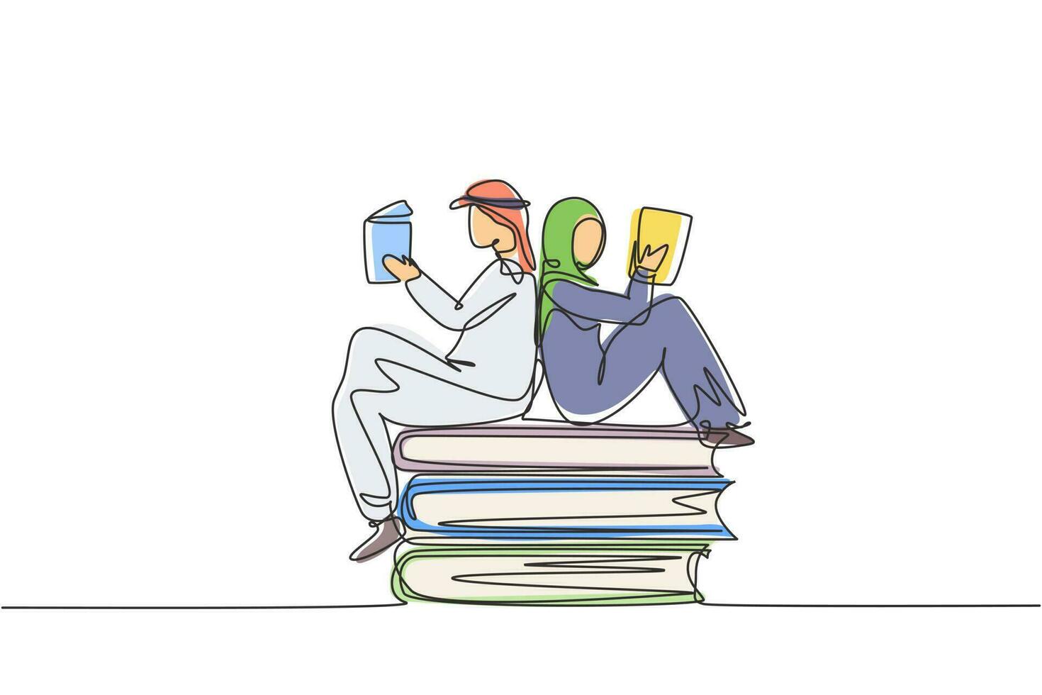 dessin d'une seule ligne étudiants arabes femme et homme lisant, apprenant et assis sur de gros livres. étudier en bibliothèque. amateurs ou amateurs de littérature. ligne continue dessiner illustration vectorielle graphique de conception vecteur