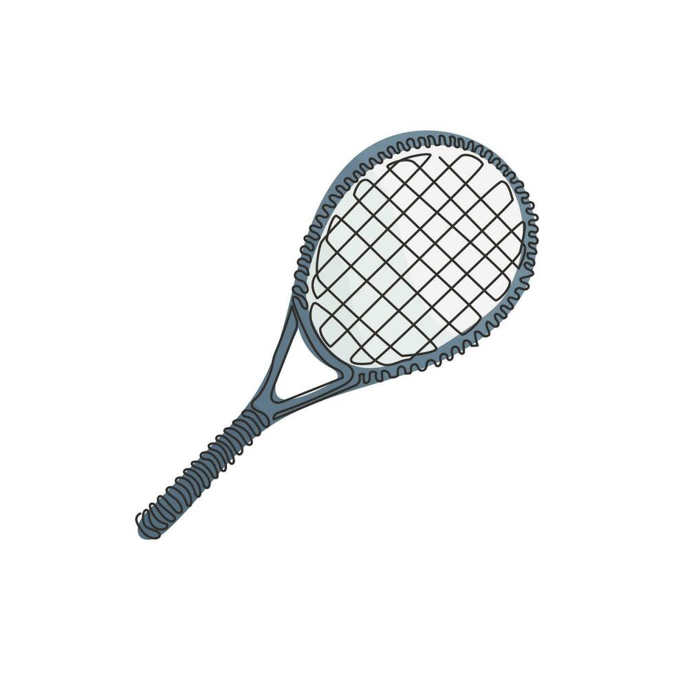 Raquette de tennis à dessin continu sur une ligne, équipement de tennis pour le jeu. sports de tennis. tennis comme sport, passe-temps, cours. activité de plein air. style de boucle de tourbillon. illustration graphique vectorielle de conception à une seule ligne vecteur