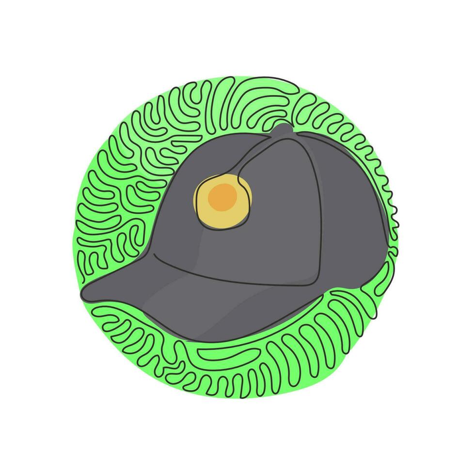 une ligne continue dessinant une casquette de baseball blanche comme symbole sportif. Baseball de sport en plein air unisexe, golf, tennis, chapeau de casquette uniforme. style de fond de cercle de curl tourbillonnant. vecteur de conception de dessin à une seule ligne