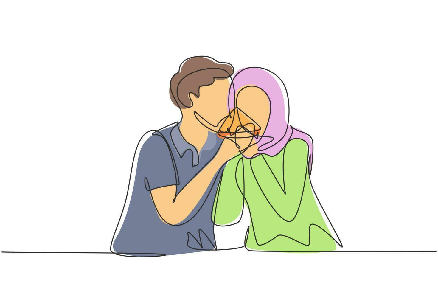 dessin d'une seule ligne jeune couple arabe partageant une coupe de pizza. célébrez les anniversaires et profitez d'un déjeuner romantique dans un restaurant moderne. ligne continue moderne dessiner illustration vectorielle graphique vecteur