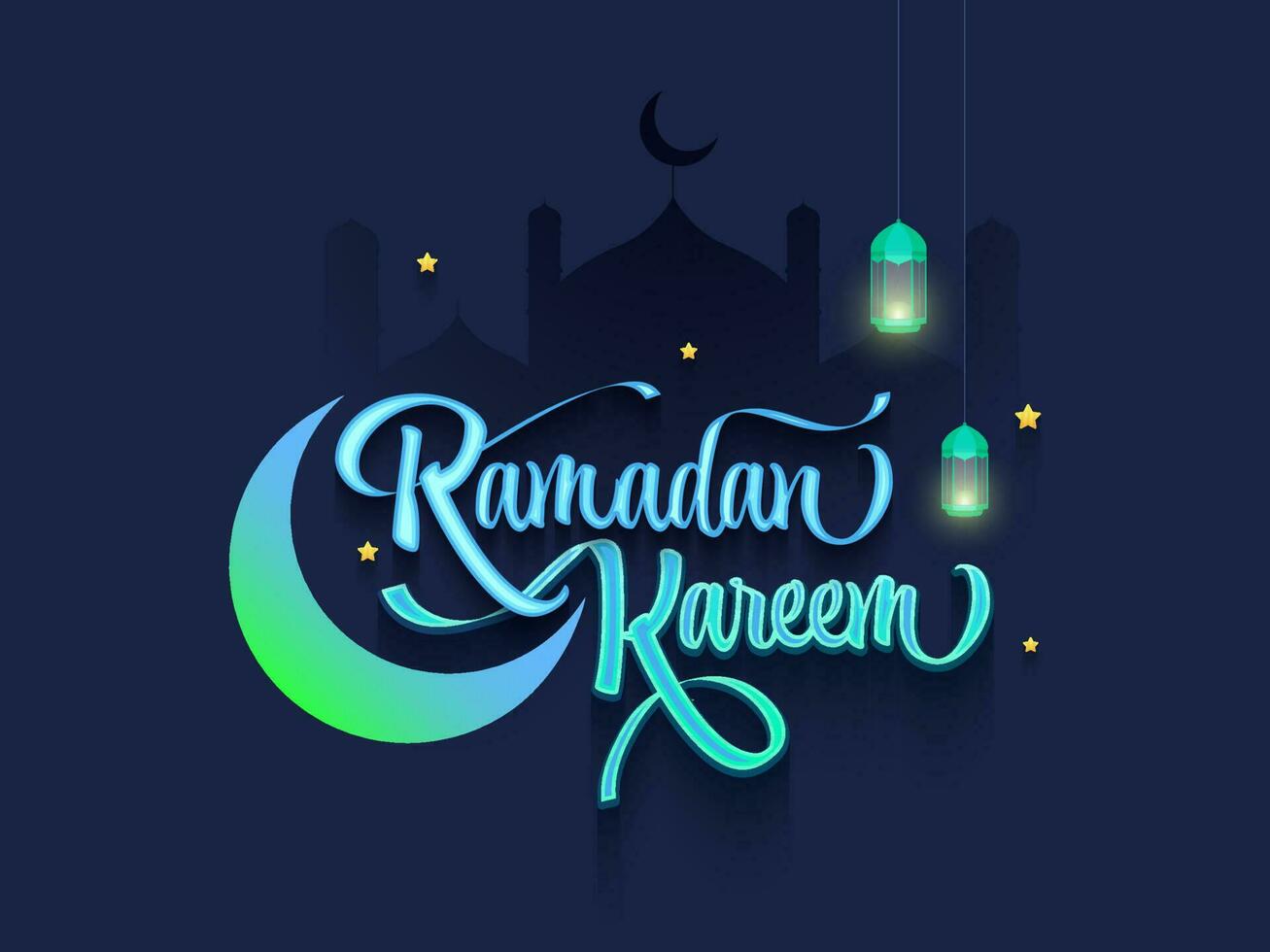 pente Ramadan kareem Police de caractère avec croissant lune, d'or étoiles et pendaison lanternes sur bleu silhouette mosquée Contexte. vecteur