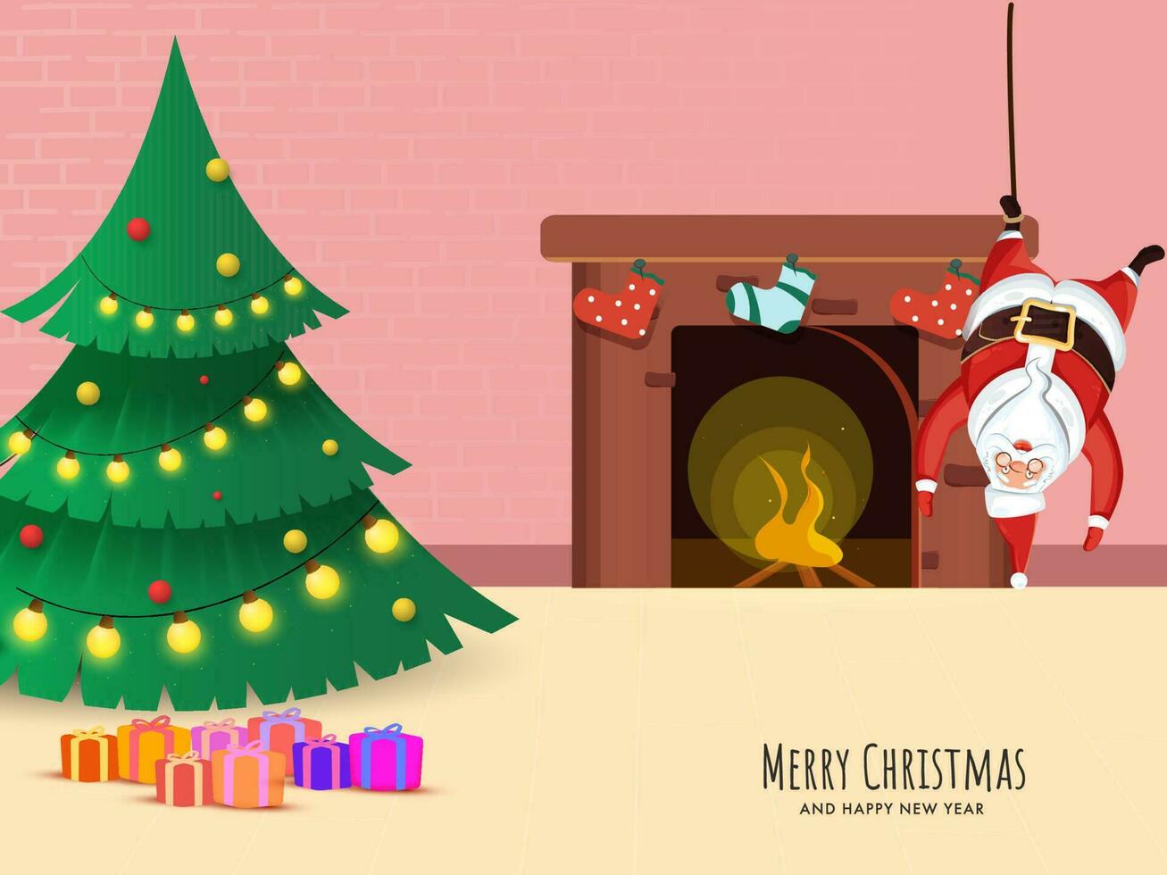 décoratif Noël arbre avec cadeau des boites, Père Noël claus pendaison à l'envers vers le bas et cheminée sur le occasion de joyeux Noël et Nouveau an. vecteur