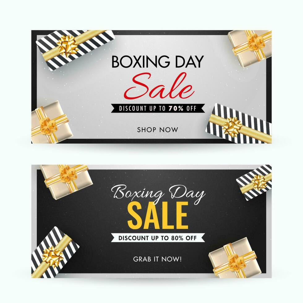 boxe journée vente bannière conception avec différent remise offre et Haut vue de cadeau des boites décoré sur gris et noir Contexte. vecteur