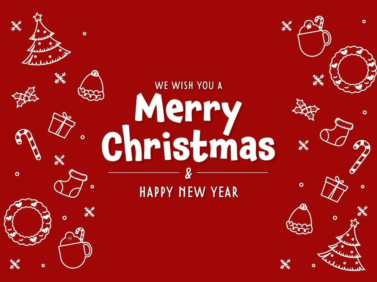 joyeux Noël et Nouveau année vœux carte avec Festival éléments dans blanc ligne art sur rouge Contexte. vecteur
