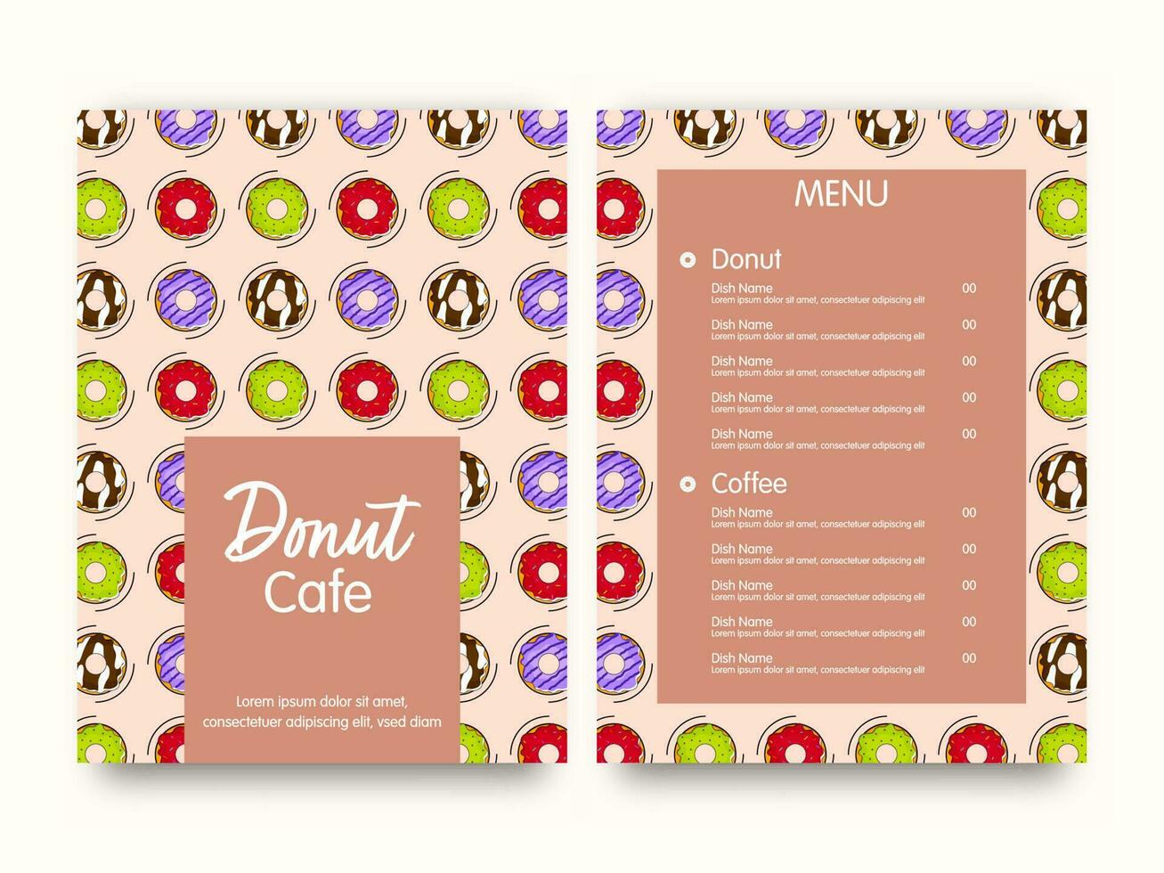 Donut café menu modèle disposition dans de face et retour côté. vecteur