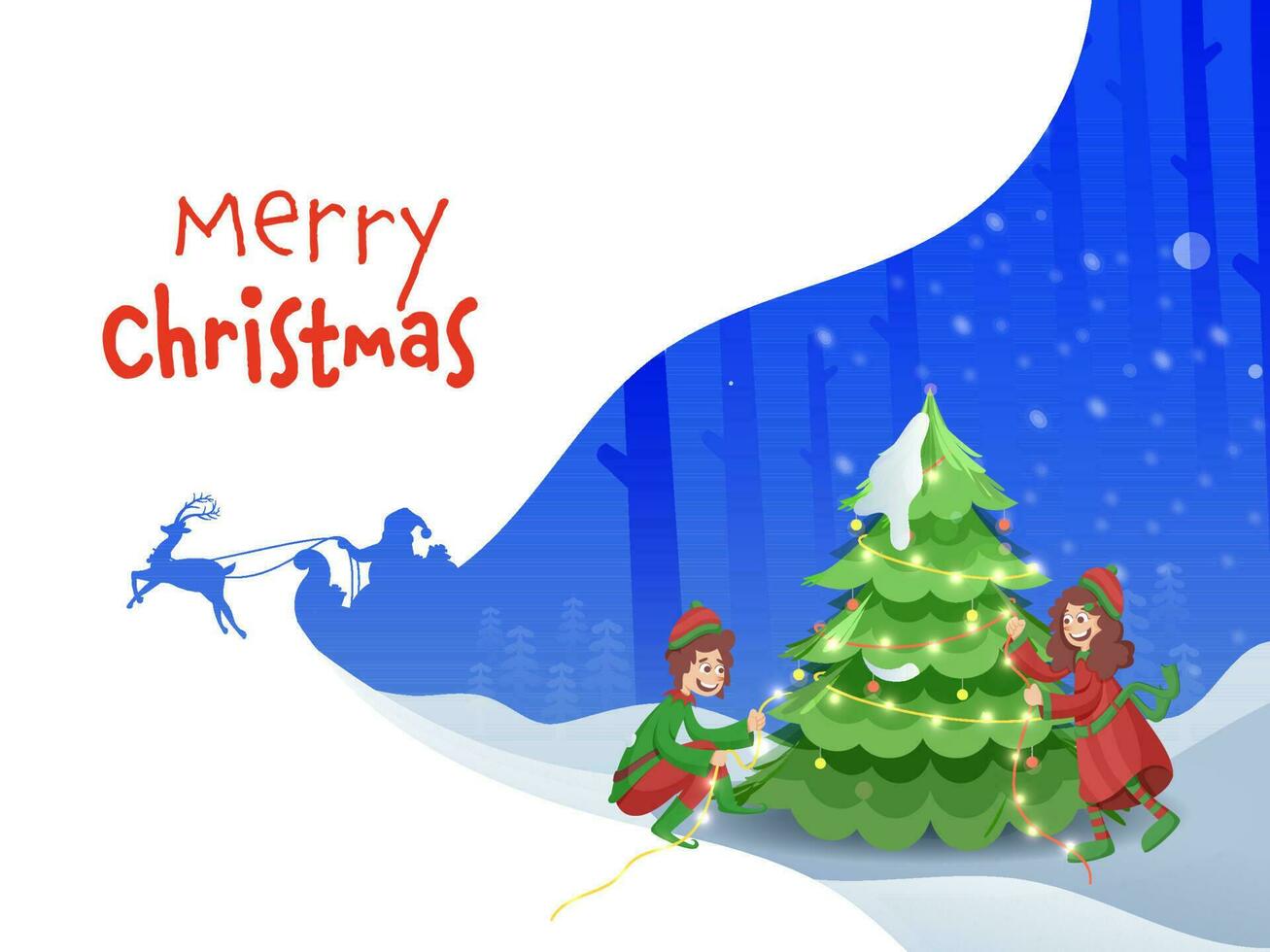 de bonne humeur des gamins décoré Noël arbre de éclairage guirlande sur bleu et blanc Contexte pour joyeux Noël fête. vecteur