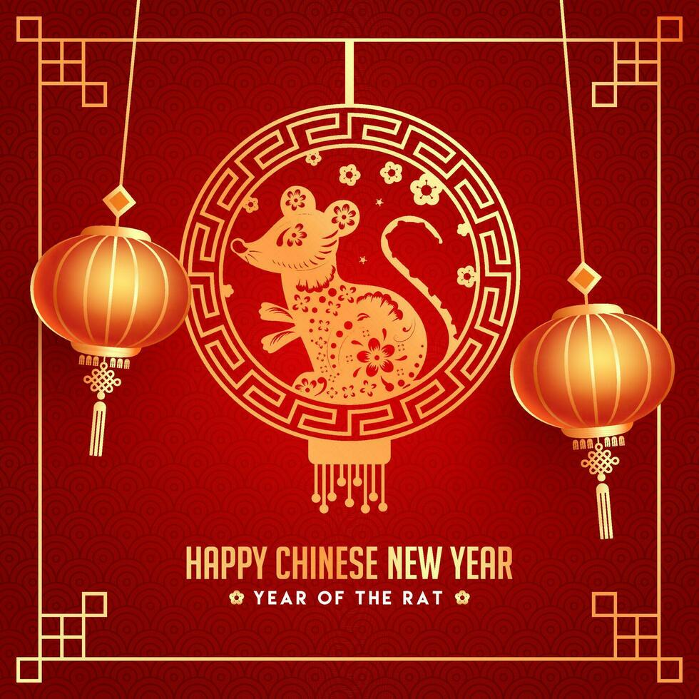 rouge sans couture squame modèle Contexte décoré avec pendaison d'or rat zodiaque signe et lanternes pour année de le rat, content chinois Nouveau année fête. vecteur