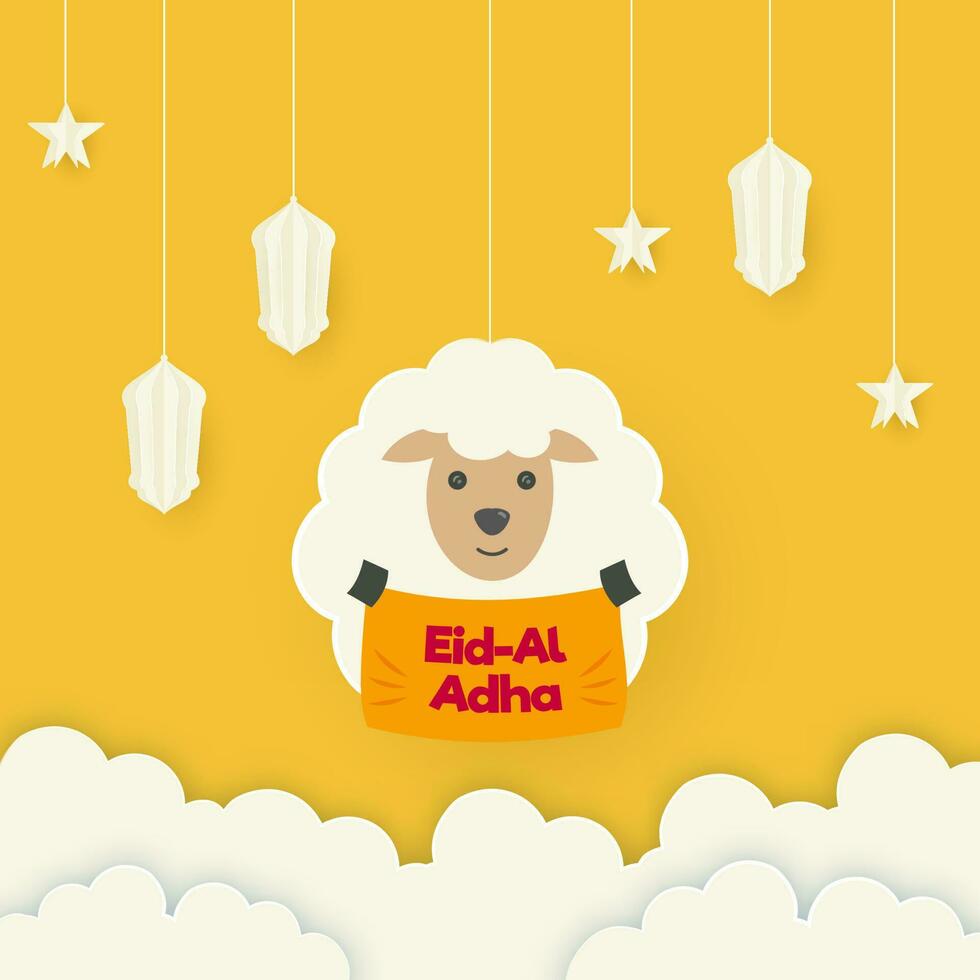 papier Couper illustration de dessin animé mouton montrant eid Al adha ruban ou affiche, lanternes, étoiles pendre et des nuages sur Jaune Contexte. vecteur