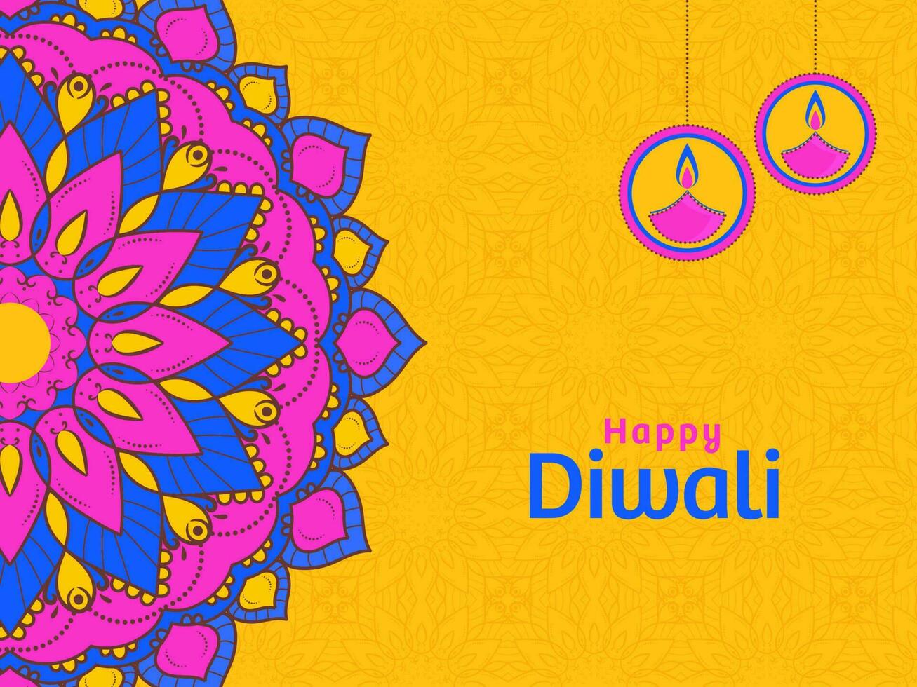 content diwali fête concept avec pétrole les lampes pendre et rangoli ou mandala modèle sur Jaune Contexte. vecteur