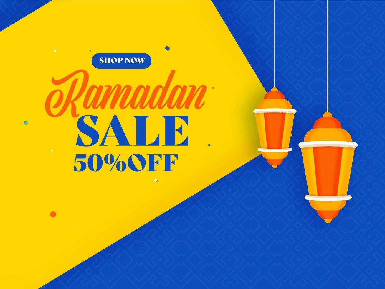 Ramadan vente affiche conception avec remise offre, lanternes main sur Jaune et bleu Contexte. vecteur