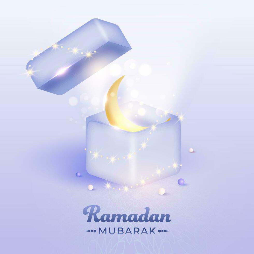 3d rendre de d'or croissant lune dans ouvert la magie boîte sur lumière violet bokeh Contexte pour Ramadan mubarak concept. vecteur