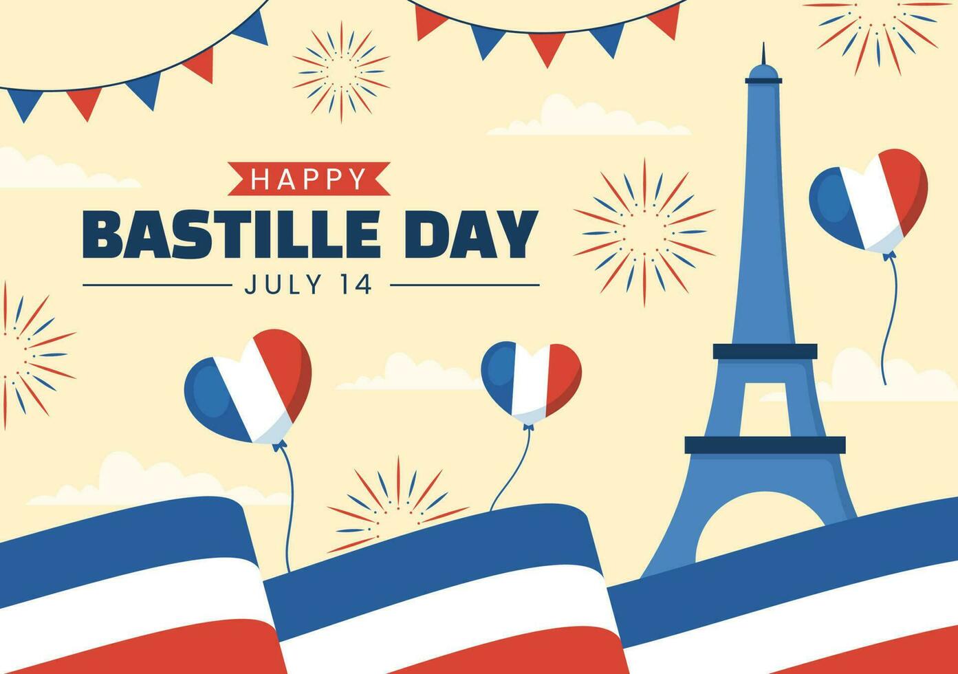 content Bastille journée sur 14 juillet vecteur illustration avec français drapeau et Eiffel la tour dans plat dessin animé main tiré pour atterrissage page modèles