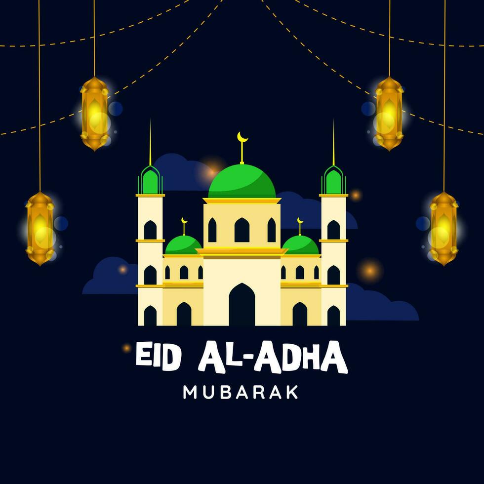 eid Al adha, illustration conception de salutation bannière ou eid Al adha salutation carte affiche avec mosquée et lanterne décoration sur nuit Contexte vecteur