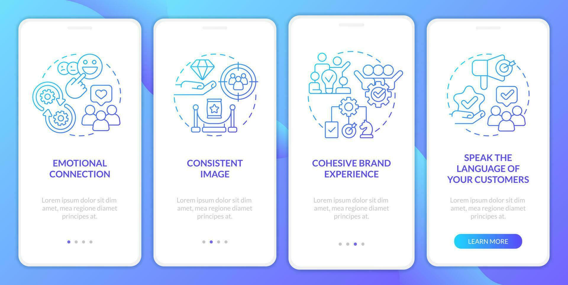 façons à développer marque longévité bleu pente l'intégration mobile app filtrer. procédure pas à pas 4 graphique instructions avec linéaire concepts. interface utilisateur, ux, gui modèle vecteur