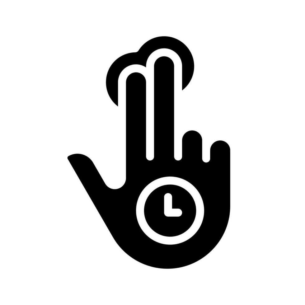 double doigt en portant noir glyphe icône. deux les doigts longue robinet. numérique dispositif la navigation. écran tactile contrôle. silhouette symbole sur blanc espace. solide pictogramme. vecteur isolé illustration