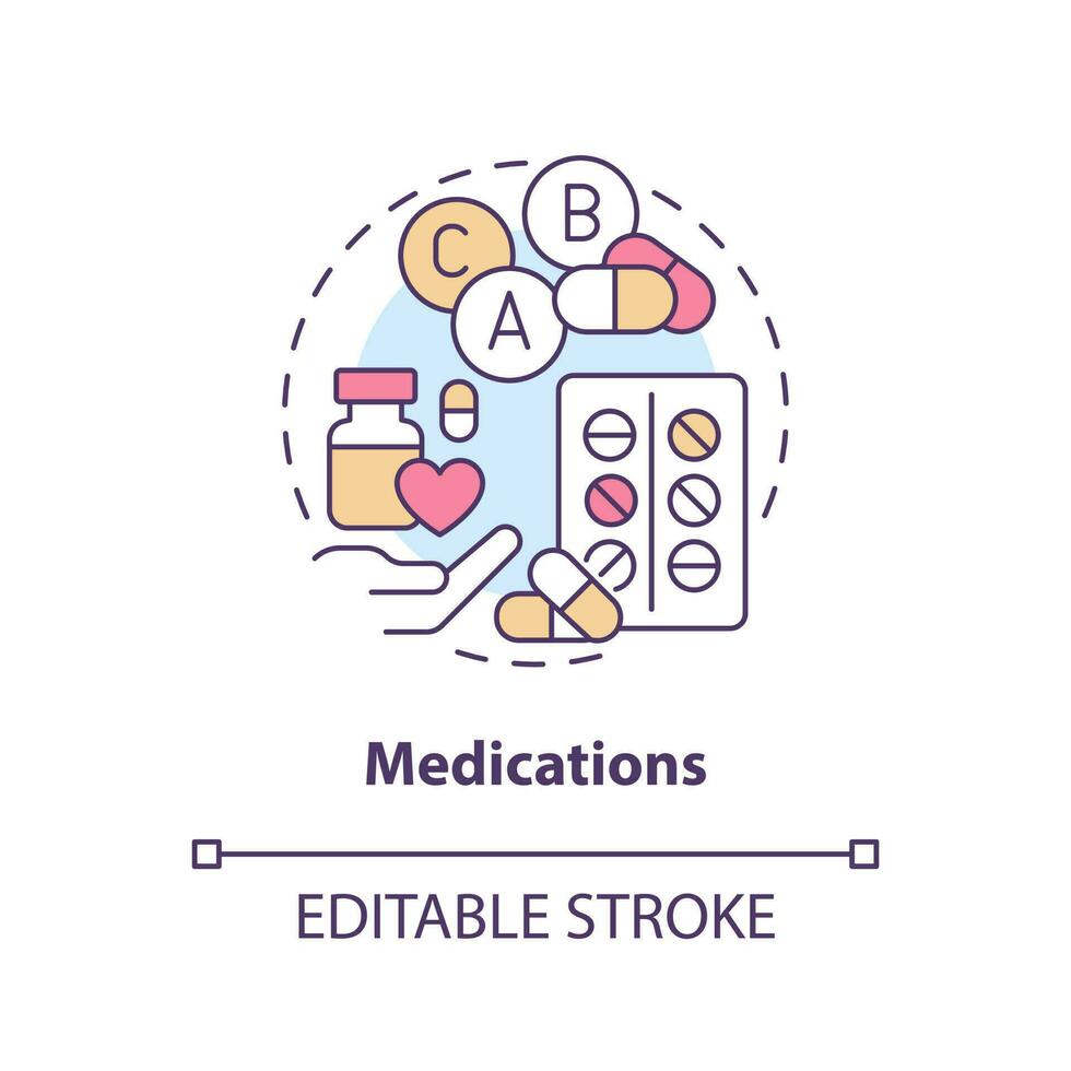 médicaments concept icône. pilules ordonnance. chronique maladie complet se soucier plan abstrait idée mince ligne illustration. isolé contour dessin. modifiable accident vasculaire cérébral vecteur