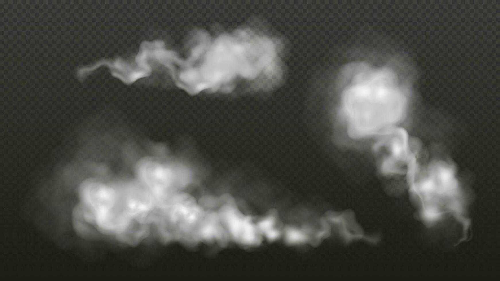 blanc poussière, fumée ou brouillard des nuages sur une transparent Contexte. poudre ou vapeur vaporisateur ensemble, aérosol éclaboussure, brumeux Piste de voiture roues. vecteur illustration
