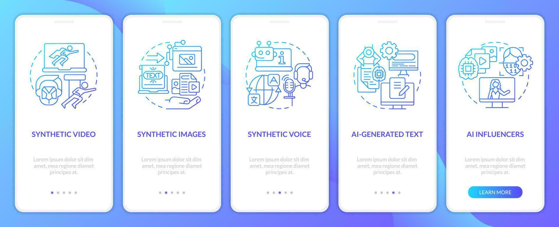 synthétique médias les types bleu pente l'intégration mobile app filtrer. vr procédure pas à pas 5 pas graphique instructions avec linéaire concepts. interface utilisateur, ux, gui modèle vecteur