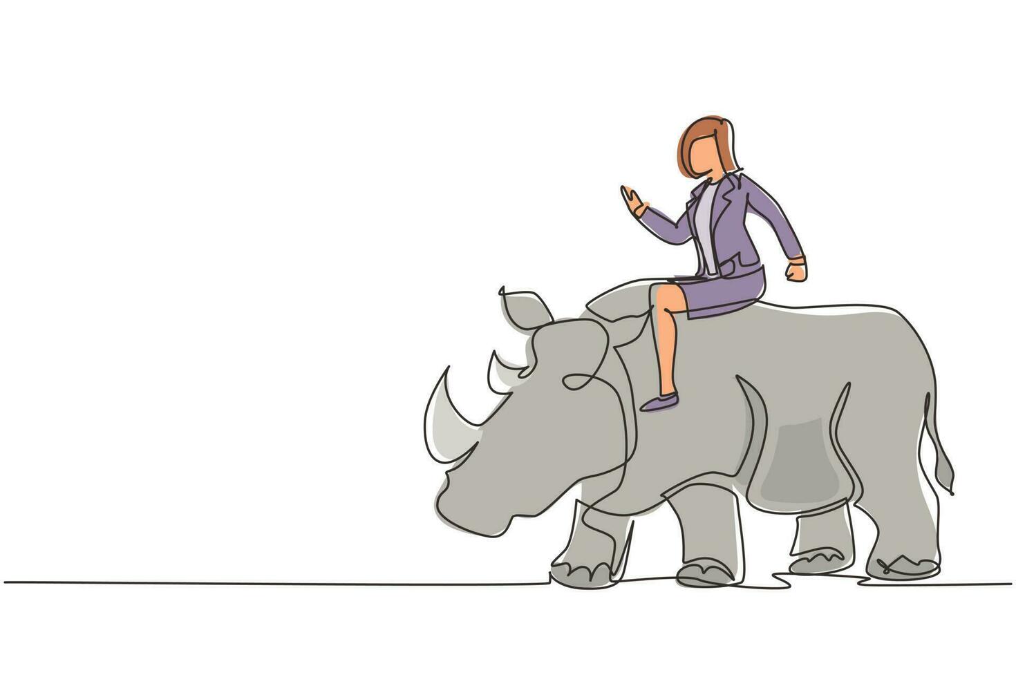 femme d'affaires de dessin en ligne continue unique chevauchant un rhinocéros symbole de succès. concept de métaphore d'entreprise, regardant l'objectif, la réalisation, le leadership. une ligne dessiner illustration vectorielle de conception graphique vecteur