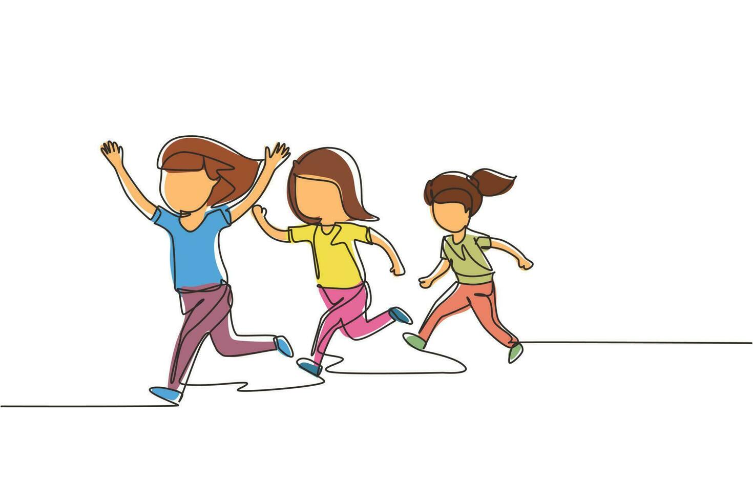 une seule ligne continue dessinant des enfants dans des compétitions d'athlétisme. les filles courent dans le stade et finissent. l'enfant est arrivé en courant le premier et a gagné. dynamique une ligne dessiner illustration vectorielle de conception graphique vecteur