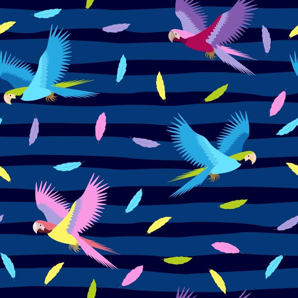 motif tropical sans soudure avec des perroquets colorés et des plumes sur fond rayé. fond d'été de vecteur. impression pour tissu et web. vecteur