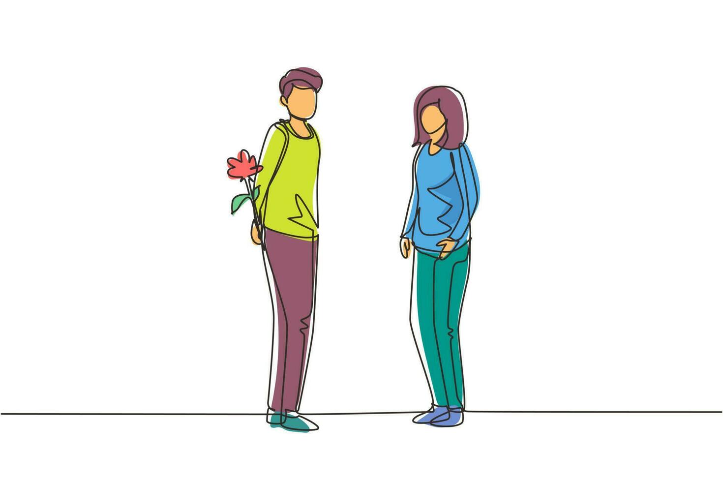 une ligne continue dessinant un homme tenant des fleurs derrière son dos et debout devant une femme. garçon heureux donnant une fleur rose à une fille. jeune homme et femme se sont rencontrés pour sortir ensemble. vecteur de conception de dessin à une seule ligne