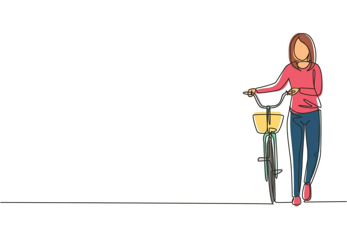 dessin d'une seule ligne marchant jeune femme avec des vélos. femme heureuse se promener à vélo sur la route de la ville. mode de vie sain des citadins. illustration vectorielle graphique de conception de dessin en ligne continue vecteur