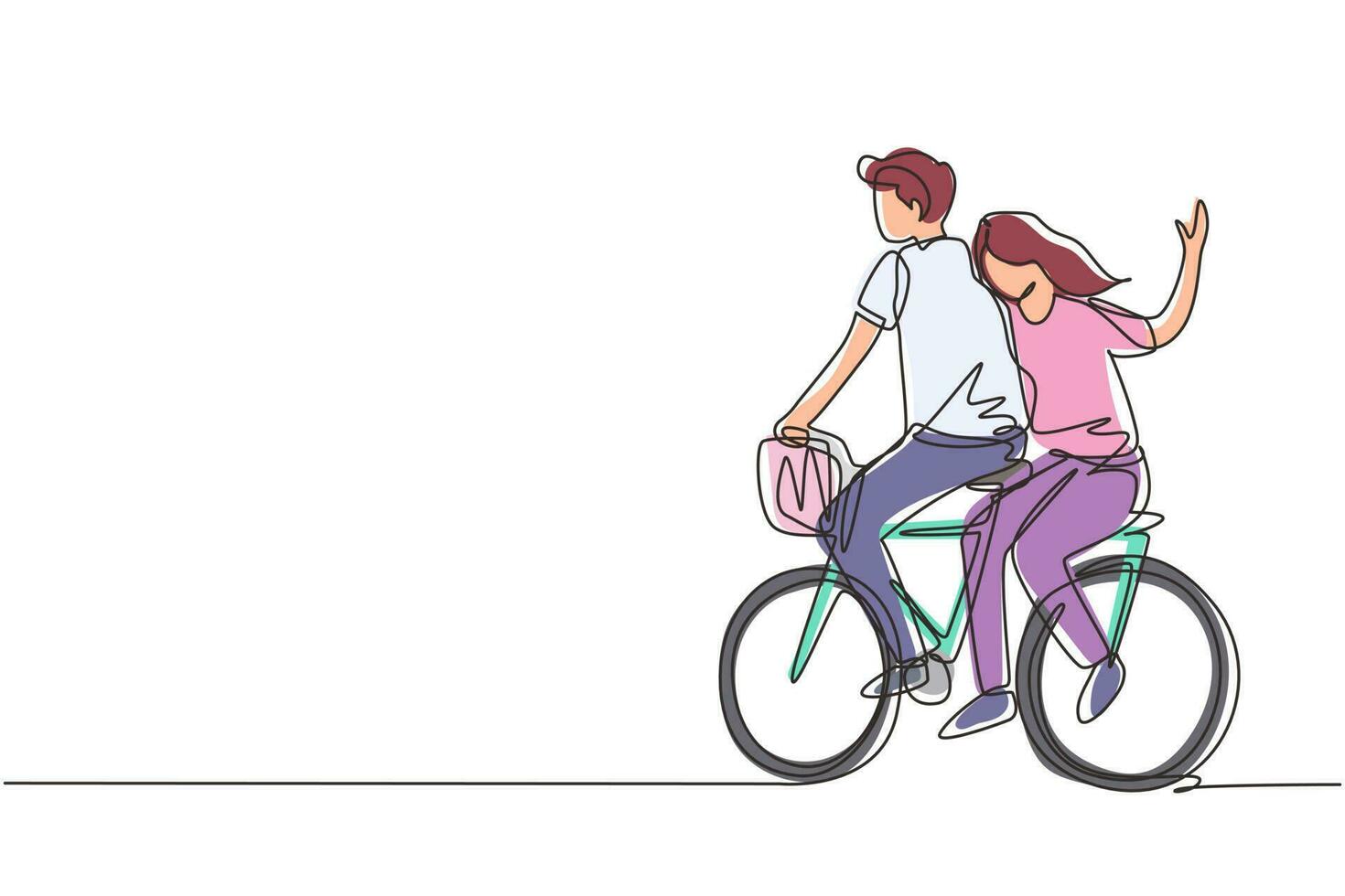 une ligne continue dessinant un couple romantique s'amusant à faire du vélo. vue arrière d'un couple romantique d'adolescents à vélo. jeune homme et femme amoureux. graphique vectoriel de conception de dessin à une seule ligne