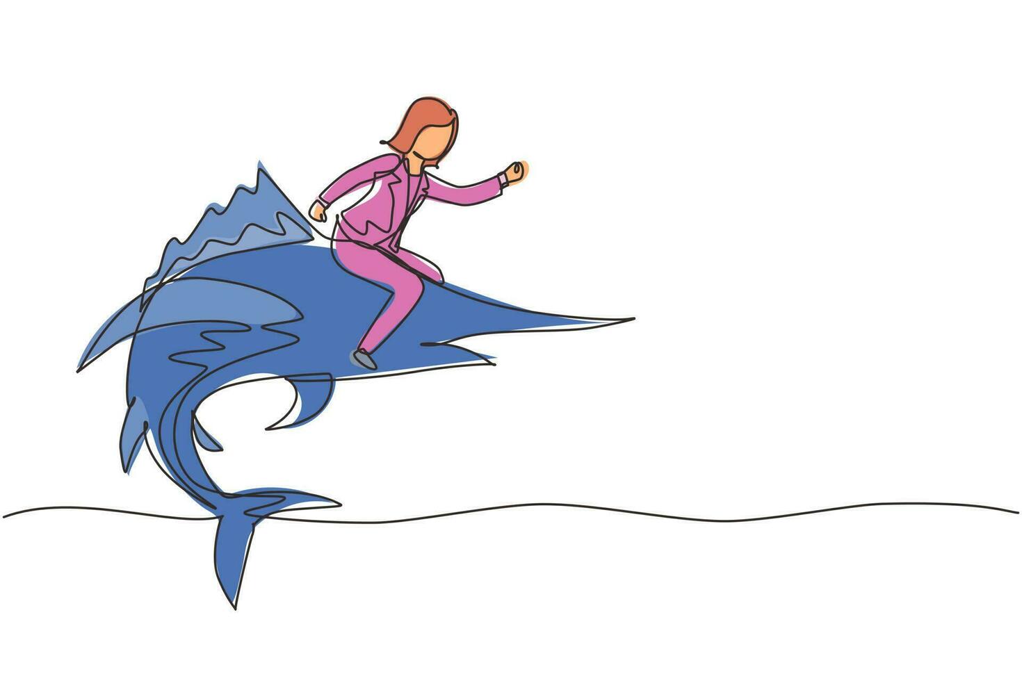 une seule ligne continue dessinant une femme d'affaires courageuse chevauchant d'énormes poissons marlin dangereux. un personnage féminin d'entrepreneur professionnel se bat avec un prédateur. une ligne dessiner illustration vectorielle de conception graphique vecteur