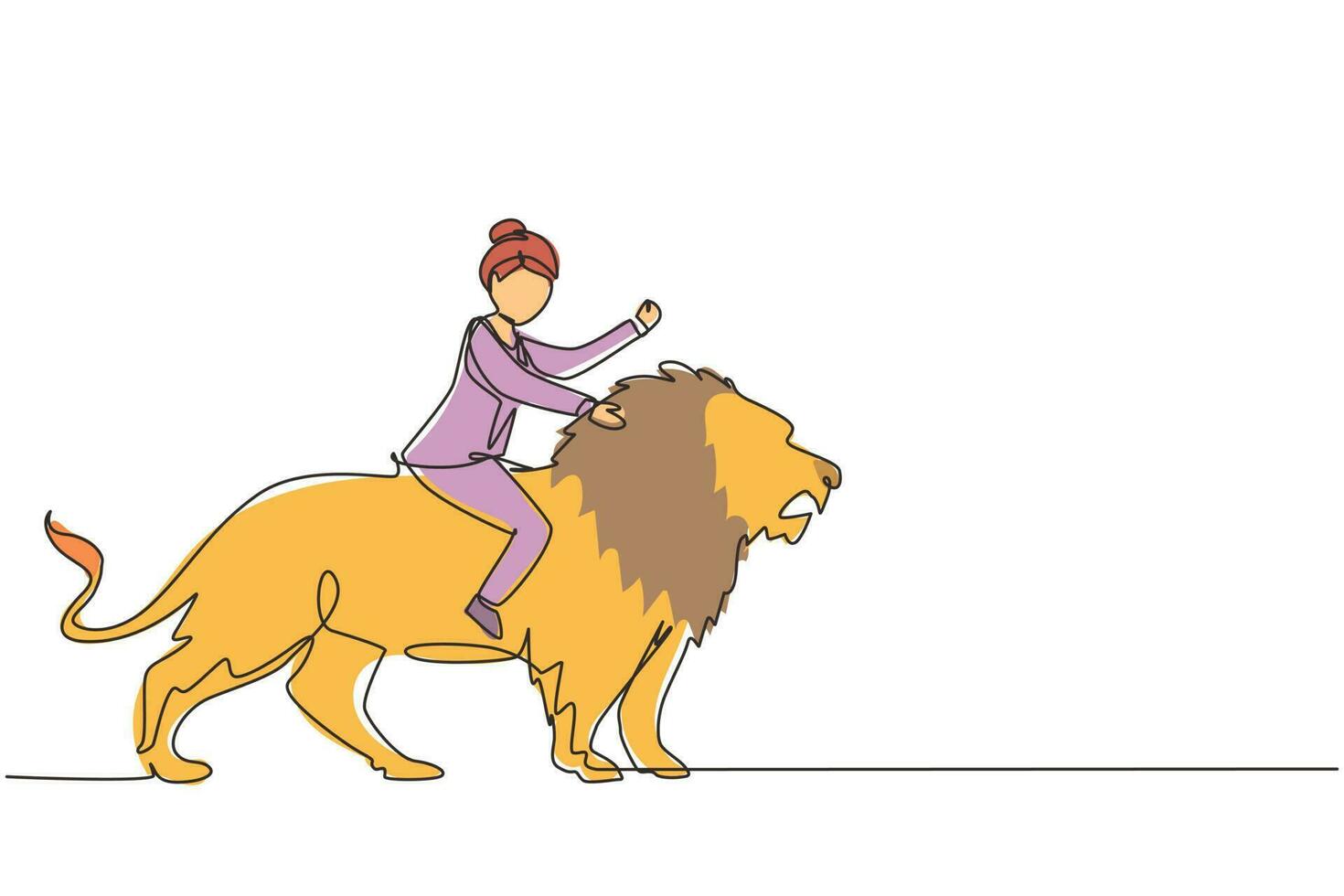 une seule ligne dessinant une femme d'affaires chevauchant un lion symbole de réussite. concept de métaphore d'entreprise, regardant l'objectif, la réalisation, le leadership. entrepreneur professionnel. graphique de conception de dessin en ligne continue vecteur