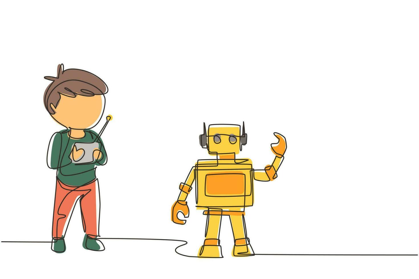 garçon de dessin d'une seule ligne jouant avec un jouet robot télécommandé. enfants mignons jouant avec un robot jouet électronique avec télécommande dans les mains. illustration vectorielle graphique de conception de dessin en ligne continue vecteur