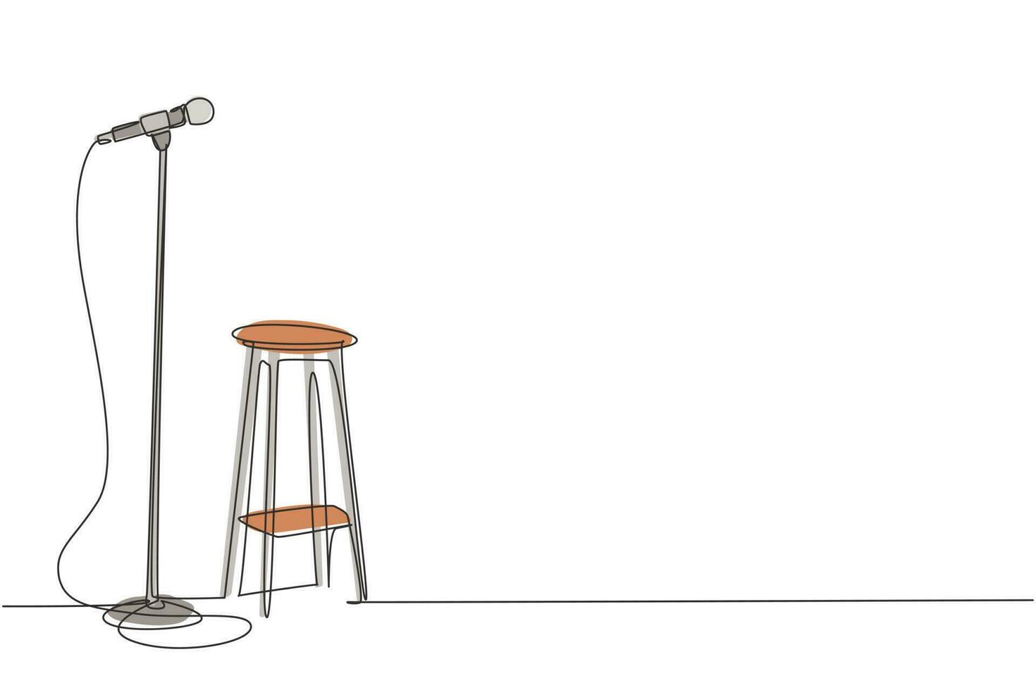 microphone et tabouret à dessin en ligne continue sur une scène de comédie debout. équipement de boîte de nuit ou de bar pour une performance de comédien debout. dynamique une ligne dessiner illustration vectorielle de conception graphique vecteur