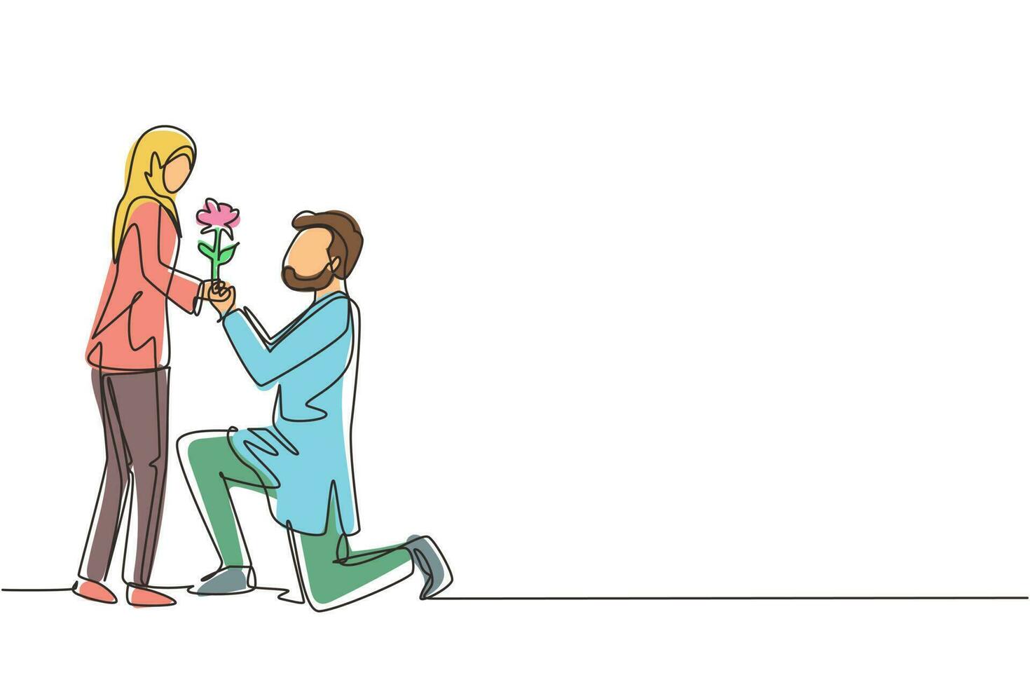 une ligne continue dessinant un homme arabe sur le genou donne des fleurs à la femme. jeune homme donnant à une fille une fleur de rose pour la proposer. couple romantique amoureux. illustration graphique vectorielle de conception de dessin à une seule ligne vecteur