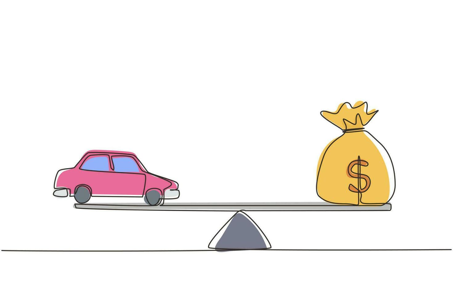 une voiture de dessin en ligne continue, un prêt automobile ou la transformation d'actifs en concept de trésorerie. modèle de voiture, billets en dollars américains dans un sac en jute sur une balance simple. illustration graphique vectorielle de conception de dessin à une seule ligne vecteur