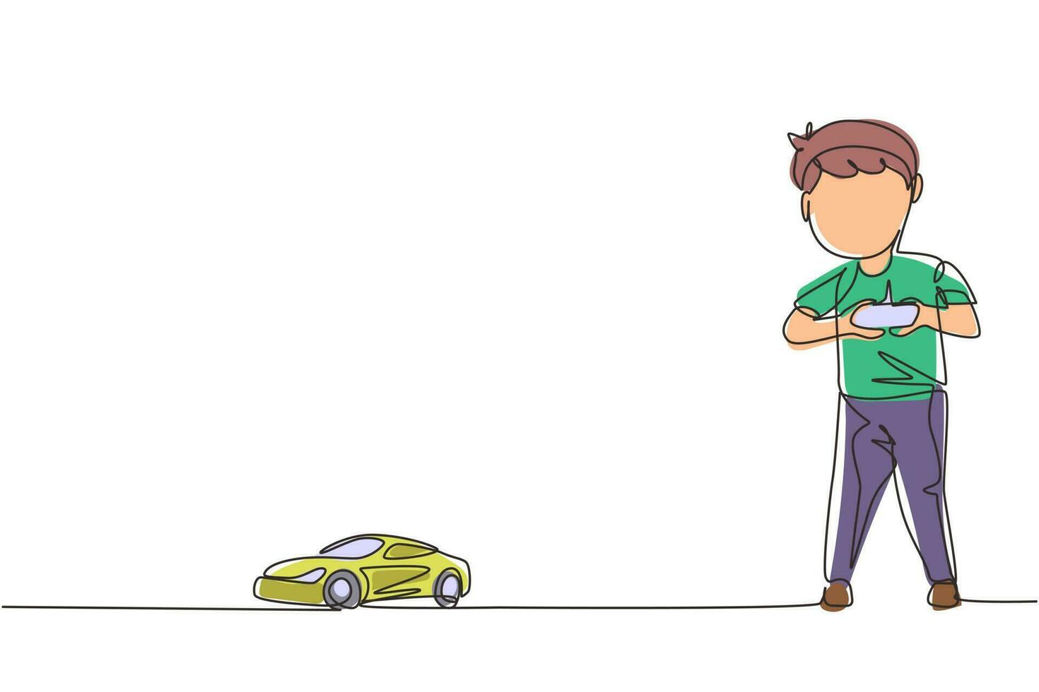 une seule ligne continue dessinant un petit garçon jouant avec une voiture télécommandée. enfants mignons jouant avec une voiture jouet électronique avec télécommande dans les mains. une ligne dessiner illustration vectorielle de conception graphique vecteur