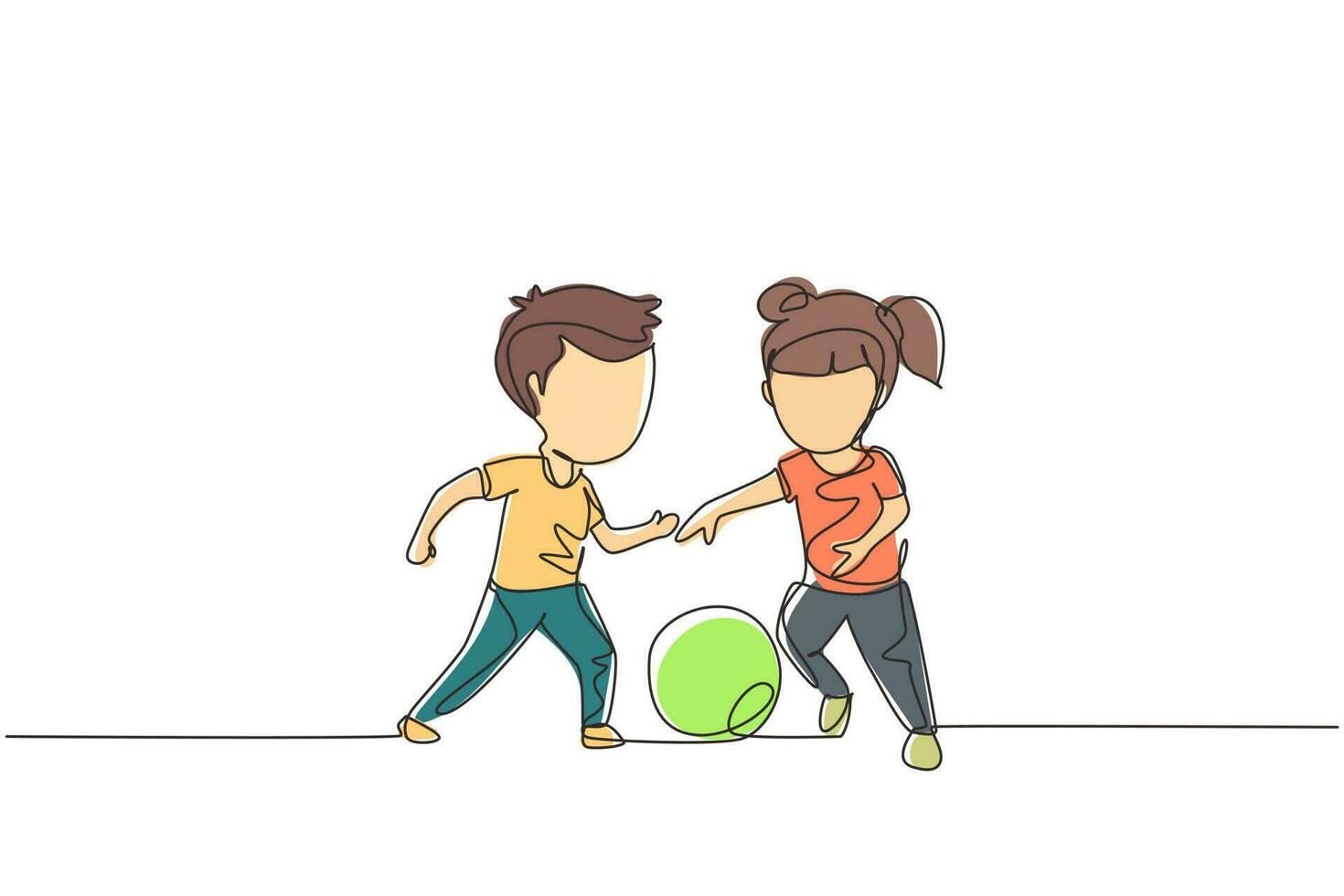 une ligne continue dessinant un garçon et une fille jouant au football ensemble. deux petits enfants heureux faisant du sport sur l'aire de jeux. enfants frappant le ballon à pied entre eux. graphique vectoriel de conception à une seule ligne